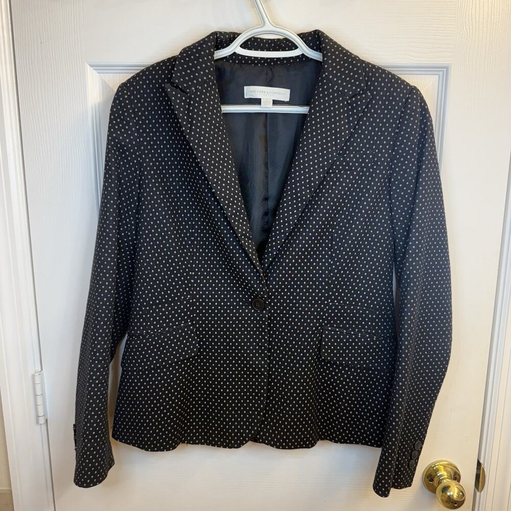 New York & Company One Button Polk-a-dot Blazer Size 8 Navy